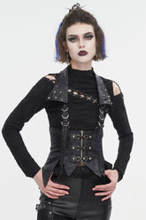 Gilet gothique noir irrégulier à lacets pour femme avec col amovible